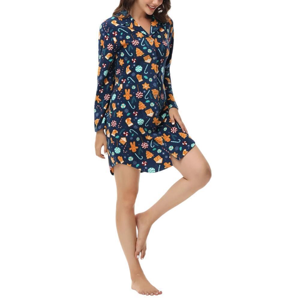 NWT INK + IVY Long Sleeve Christmas Print Notch Collar Sleepshirt Nightgown - Picture 4 of 7